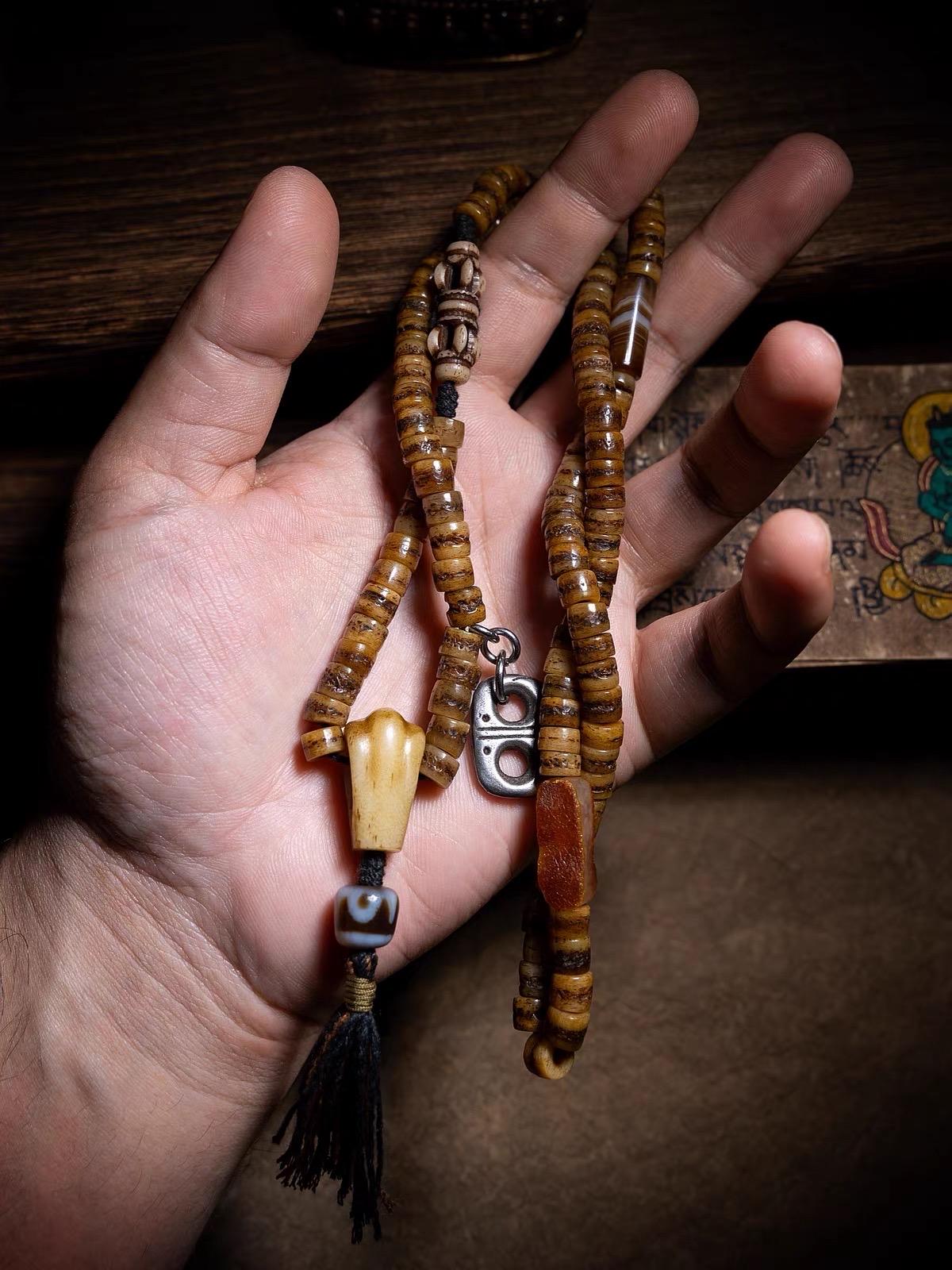 EverestArtStudios Vintage Tibetan Yak Bone Gaga Mala | 108 Bead Prayer Necklace | 8mm Handmade Buddhist Meditation Rosary