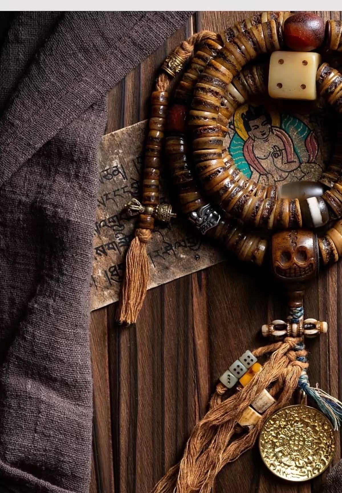EverestArtStudios Vintage Tibetan Yak Bone Mala | 108 Bead Prayer Necklace | 0.47” (12mm) Handmade Buddhist Meditation