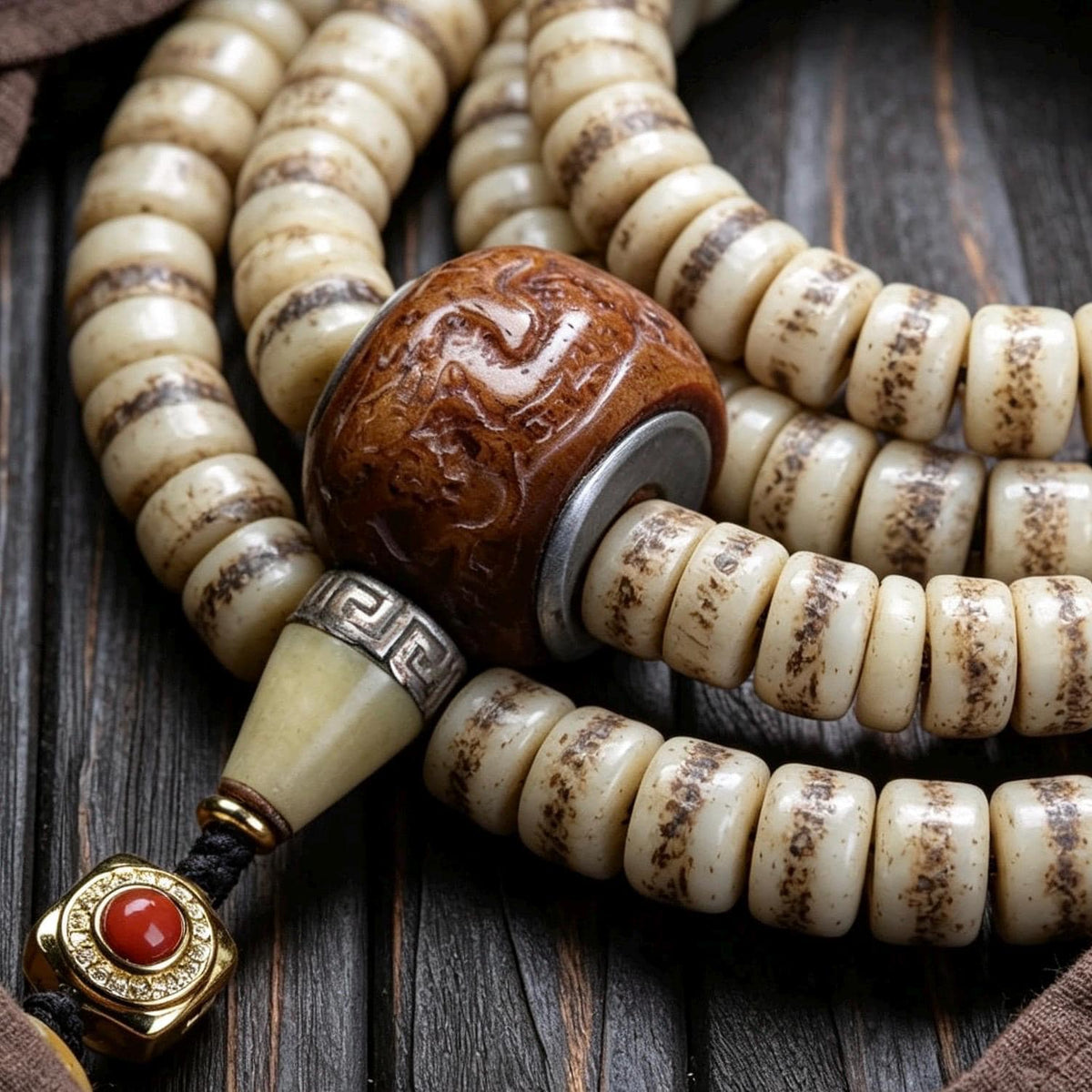 EverestArtStudios Vintage Handmade Original Design Tibetan Yak Bone Barrel Bead 108 Mala Necklace & Wrap Bracelet