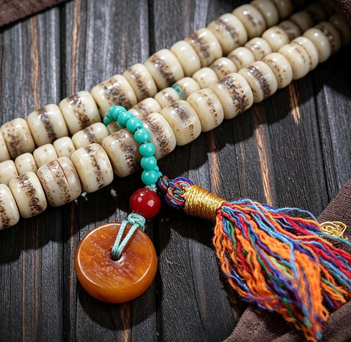 EverestArtStudios Vintage Handmade Original Design Tibetan Yak Bone Barrel Bead 108 Mala Necklace & Wrap Bracelet
