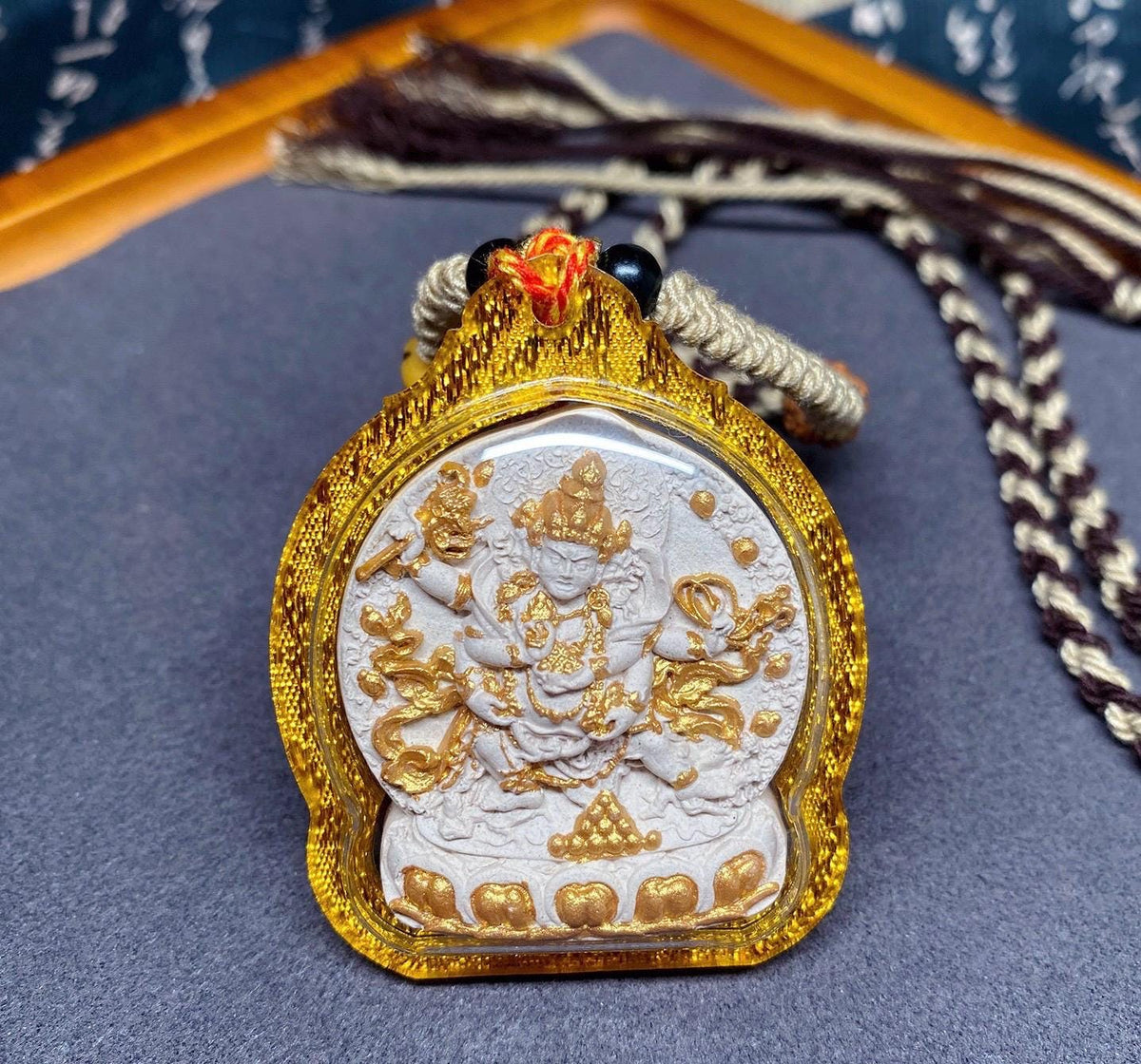 Handpainted Red Jambhala Tsa Tsa, Tibetan Wealth Deity Clay Amulet, Mineral Pigment Gau Box Pendant, Miniature Thangka Gift