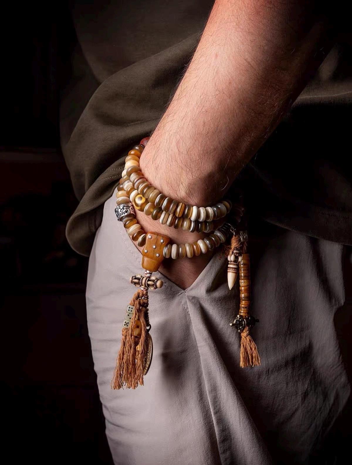 EverestArtStudios Tibetan-Style Twisted Goat Horn Mala Bracelet | 108 Beads | Original Design | Handmade Buddhist Prayer Beads