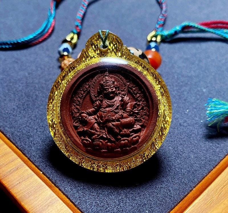 Handpainted Yellow Dzambhala Tsa Tsa, Tibetan God of Wealth Amulet, Sacred Medicine Clay Gau Box Pendant, Miniature Thangka Necklace Gift