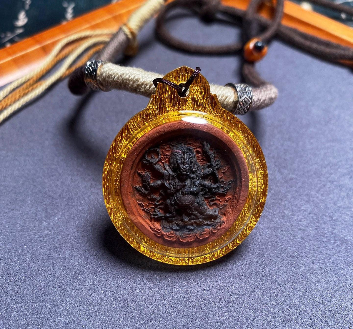 Handpainted Six Armed Mahakala Tsa Tsa, Tibetan Buddhist Protector Amulet, Color Block Medicine Clay Gau Box Pendant, Miniature Thangka Gift