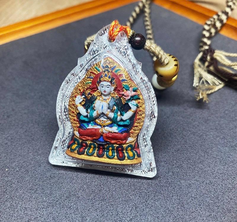 Handpainted Four Armed Chenrezig Tsa Tsa, Tibetan Avalokiteshvara Clay Amulet, Mineral Pigment Gau Box Pendant, Miniature Thangka Gift