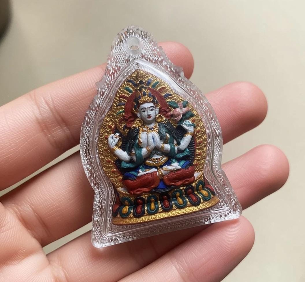 Handpainted Four Armed Chenrezig Tsa Tsa, Tibetan Avalokiteshvara Clay Amulet, Mineral Pigment Gau Box Pendant, Miniature Thangka Gift