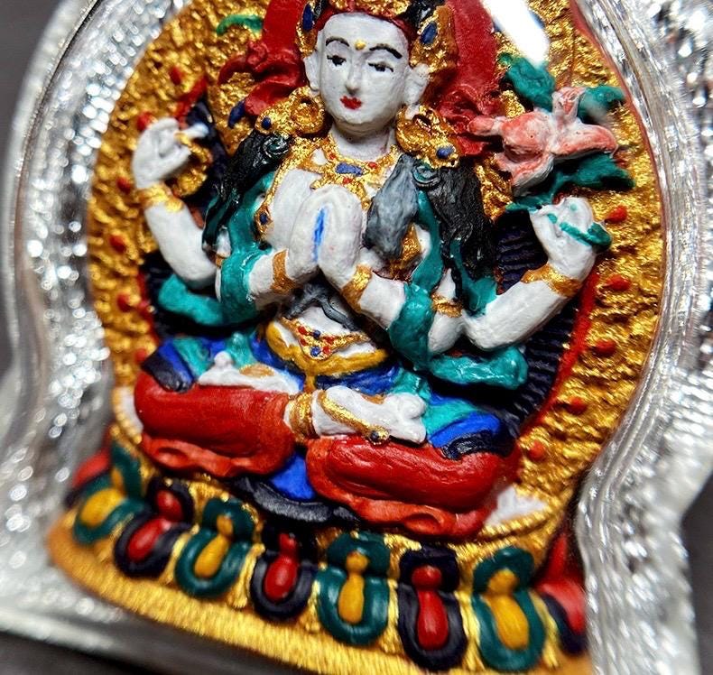 Handpainted Four Armed Chenrezig Tsa Tsa, Tibetan Avalokiteshvara Clay Amulet, Mineral Pigment Gau Box Pendant, Miniature Thangka Gift