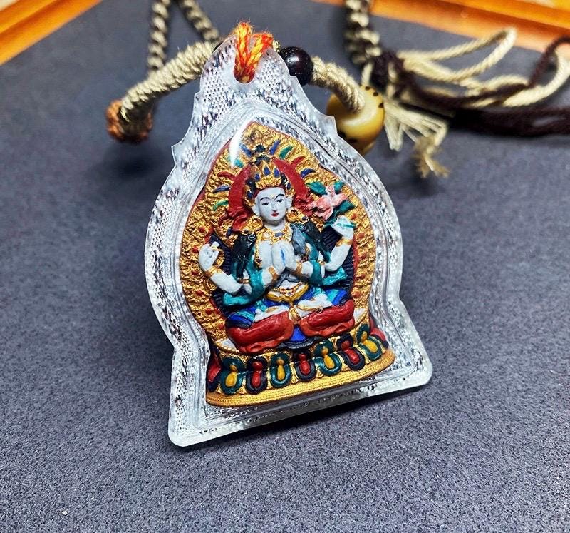 Handpainted Four Armed Chenrezig Tsa Tsa, Tibetan Avalokiteshvara Clay Amulet, Mineral Pigment Gau Box Pendant, Miniature Thangka Gift