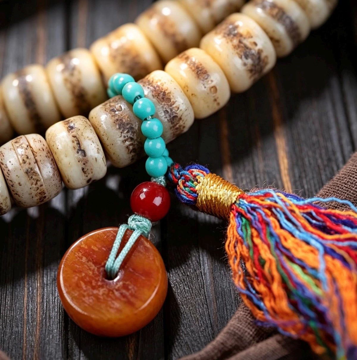 EverestArtStudios Vintage Handmade Original Design Tibetan Yak Bone Barrel Bead 108 Mala Necklace & Wrap Bracelet