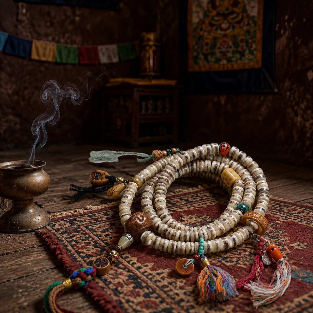 EverestArtStudios Vintage Handmade Original Design Tibetan Yak Bone Barrel Bead 108 Mala Necklace & Wrap Bracelet