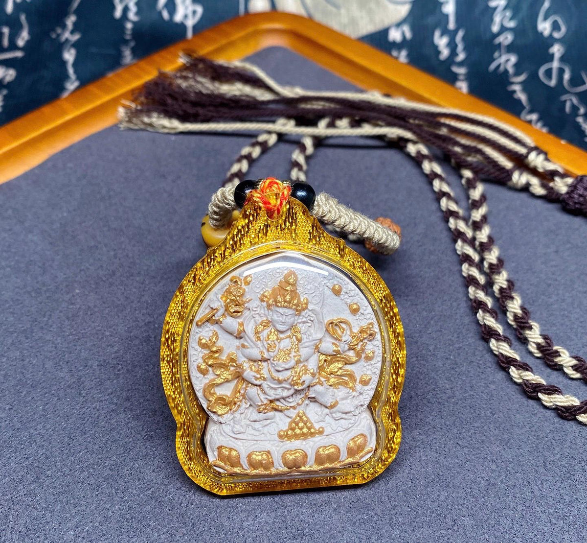 Handpainted Red Jambhala Tsa Tsa, Tibetan Wealth Deity Clay Amulet, Mineral Pigment Gau Box Pendant, Miniature Thangka Gift