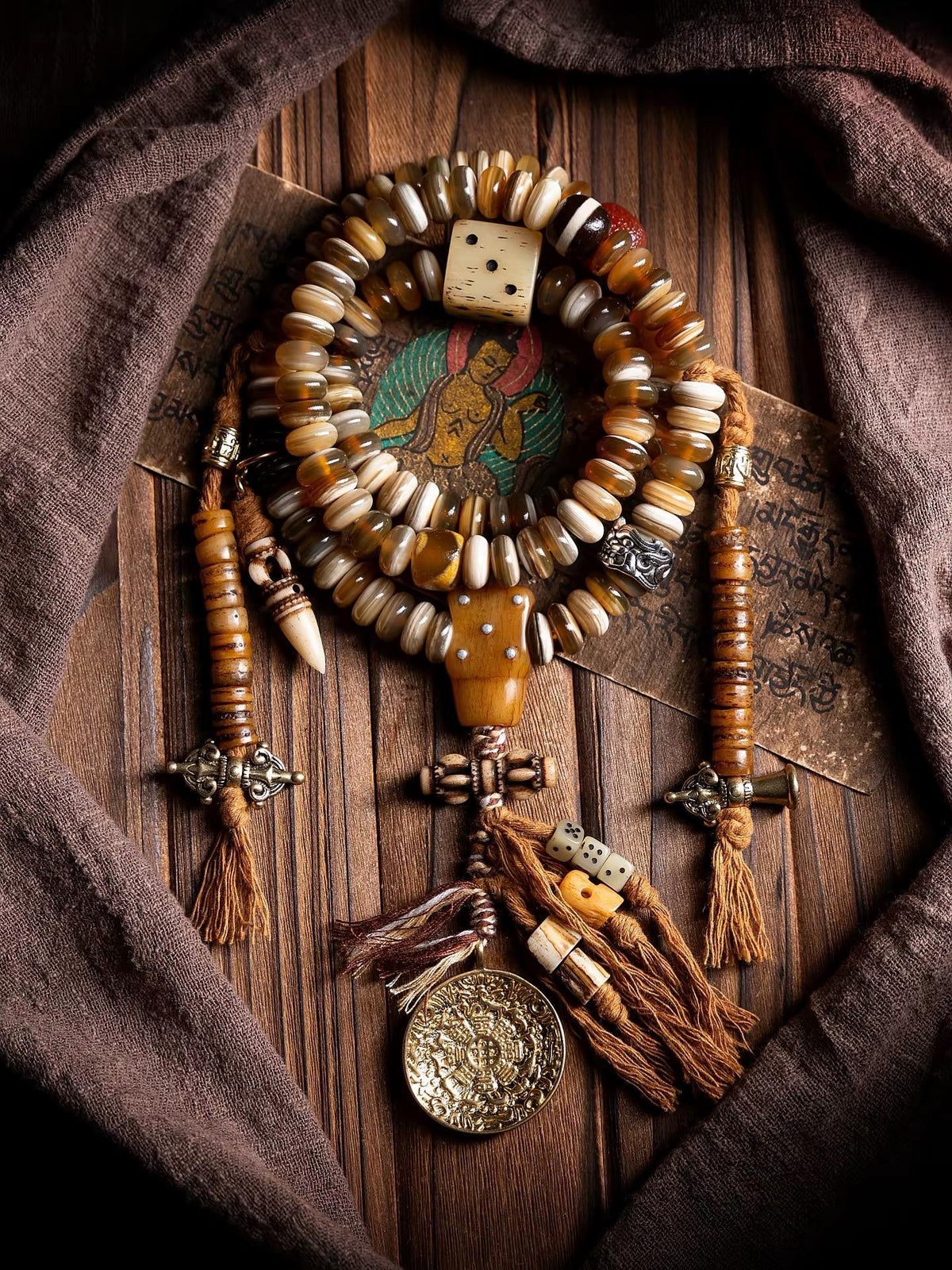 EverestArtStudios Tibetan-Style Twisted Goat Horn Mala Bracelet | 108 Beads | Original Design | Handmade Buddhist Prayer Beads