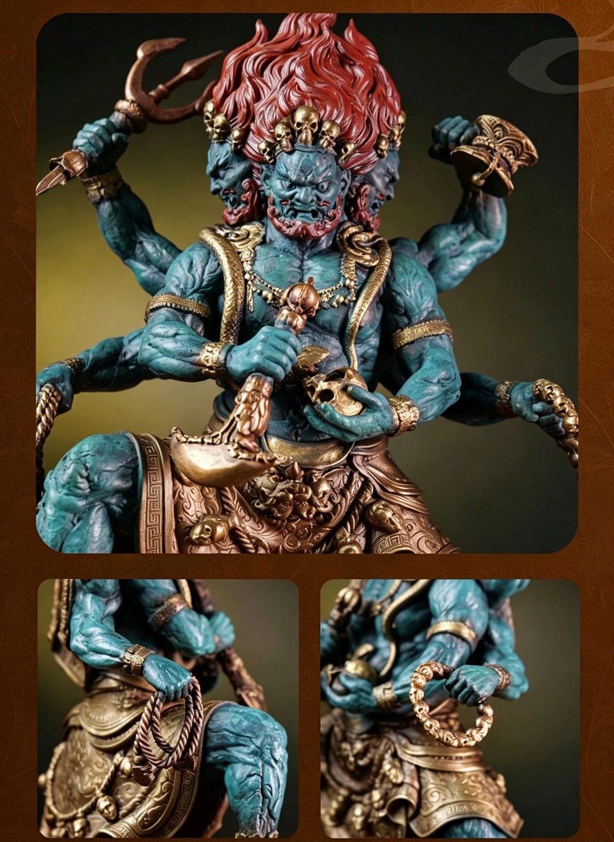 Brass Six Armed Mahakala Statue 25cm, Handcrafted Tibetan Buddhist Three Headed Wrathful Deity, Vajrayana Altar Decor Gift