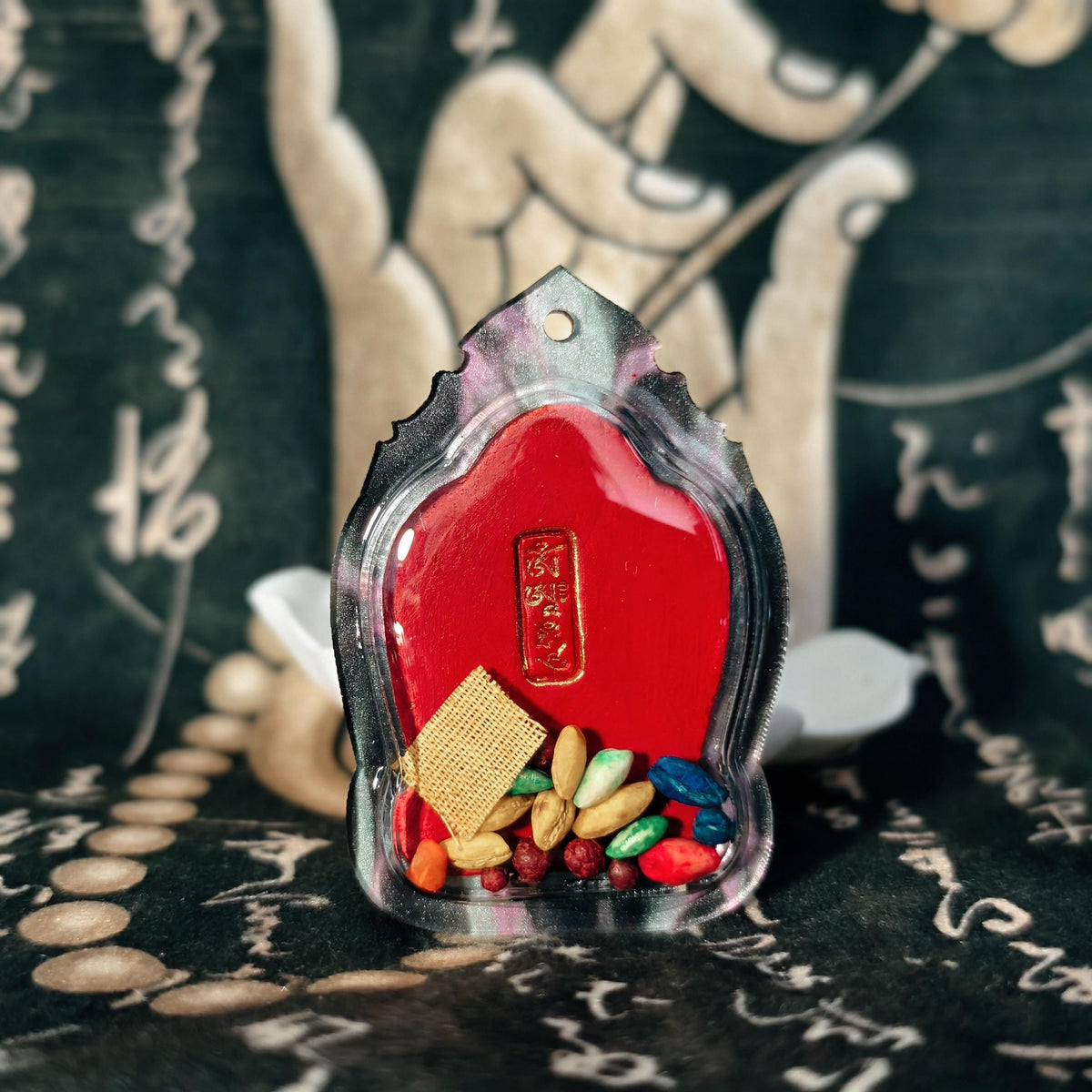 Handpainted Kalachakra Tenfold Powerful Syllable Tsa Tsa Pendant, Tibetan Amulet, Waterproof Acrylic Case Buddhist Protection Gift