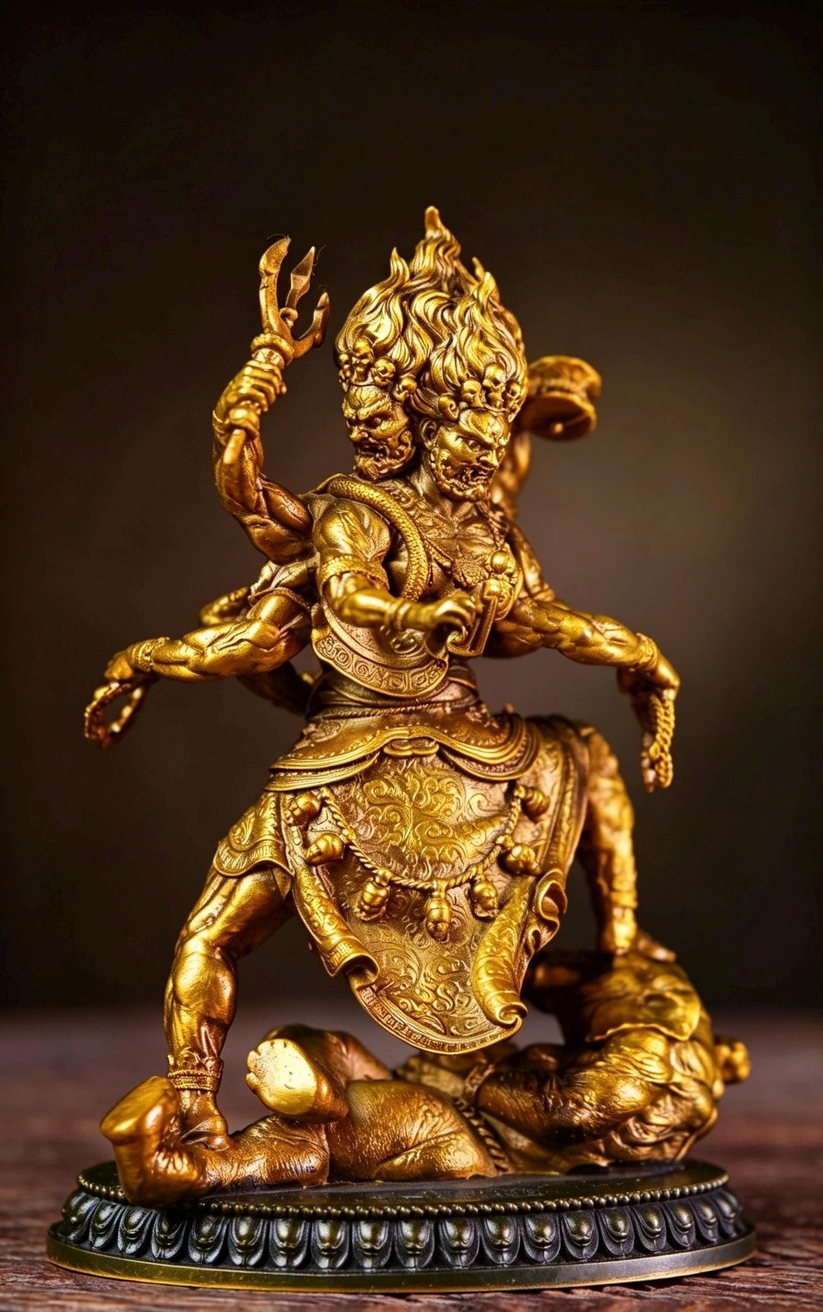 Brass Six Armed Mahakala Statue 10cm, Mini Tibetan Buddhist Three Headed Wrathful Deity, Portable Vajrayana Shrine Decor Gift