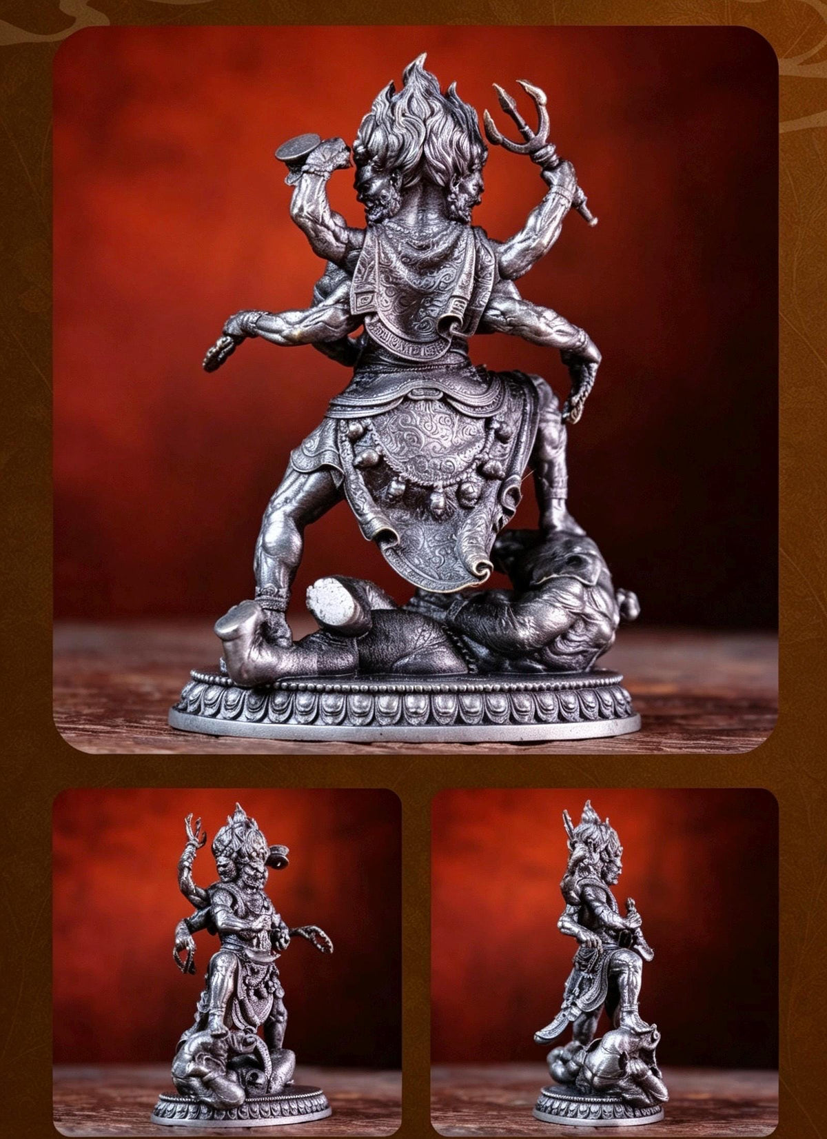 Brass Six Armed Mahakala Statue 10cm, Mini Tibetan Buddhist Three Headed Wrathful Deity, Portable Vajrayana Shrine Decor Gift