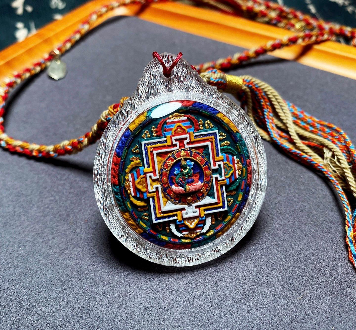 Handpainted Green Tara Mandala Gau Box Pendant, Tibetan Tsa Tsa Amulet Necklace, Sacred Buddhist Shrine Pendant