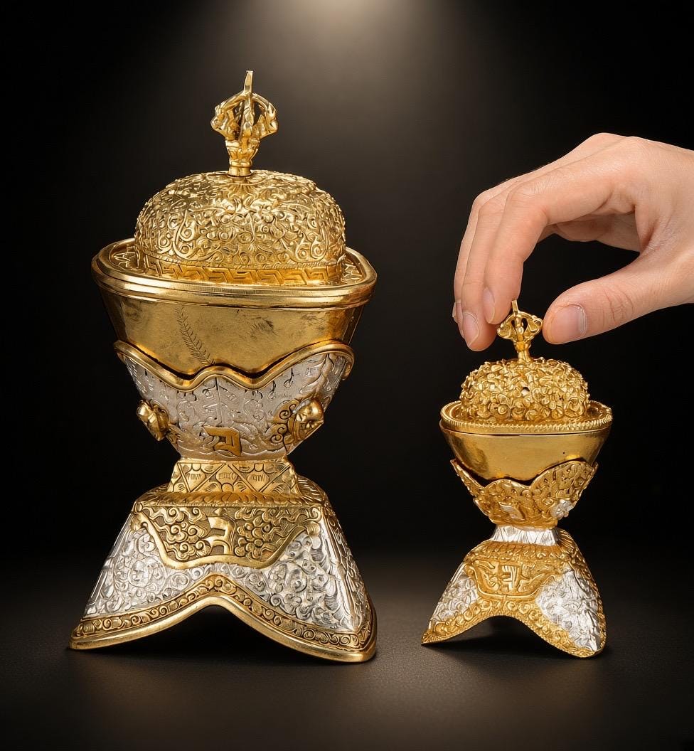 Handcrafted Nepalese Brass Topa Offering Bowl, Gilt Gold Silver Finish Tibetan Shrine Decor, Altar Vessel Home Ornament