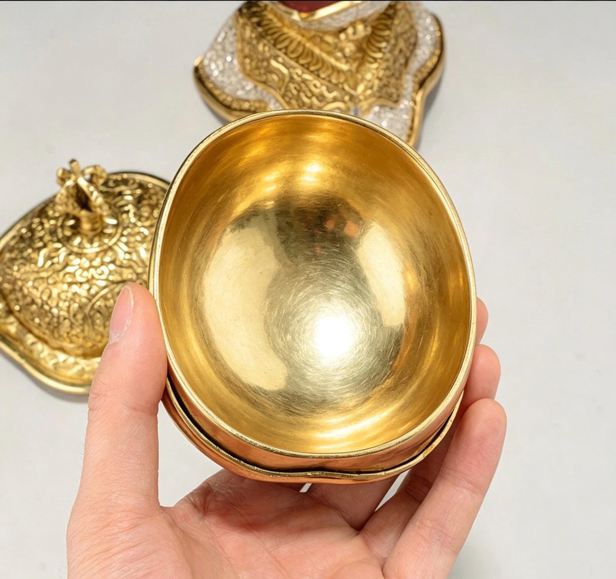 Handcrafted Nepalese Brass Topa Offering Bowl, Gilt Gold Silver Finish Tibetan Shrine Decor, Altar Vessel Home Ornament