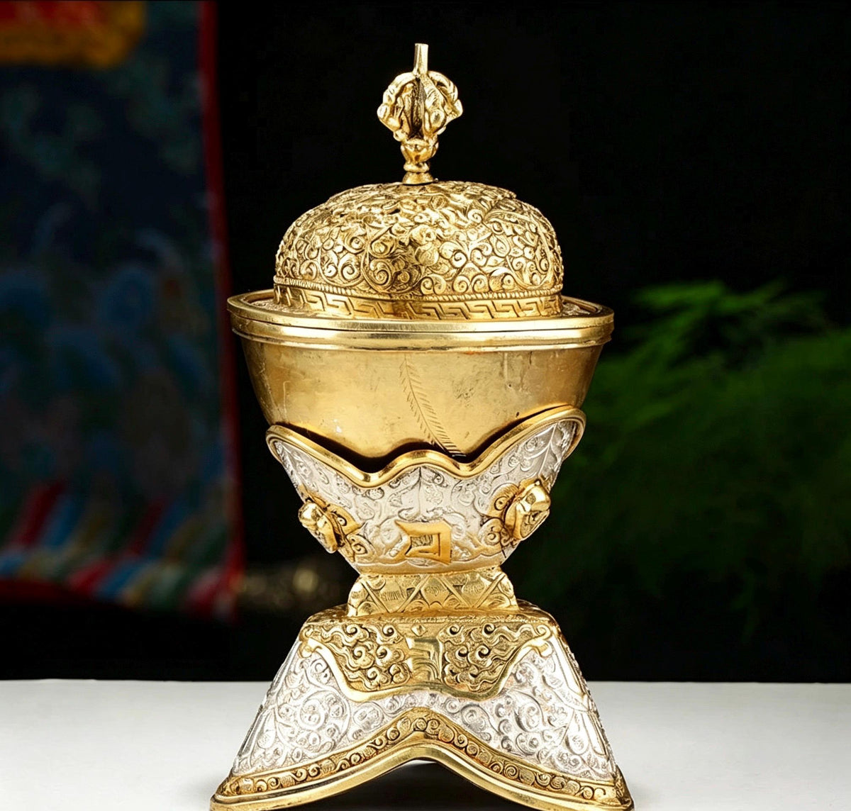 Handcrafted Nepalese Brass Topa Offering Bowl, Gilt Gold Silver Finish Tibetan Shrine Decor, Altar Vessel Home Ornament