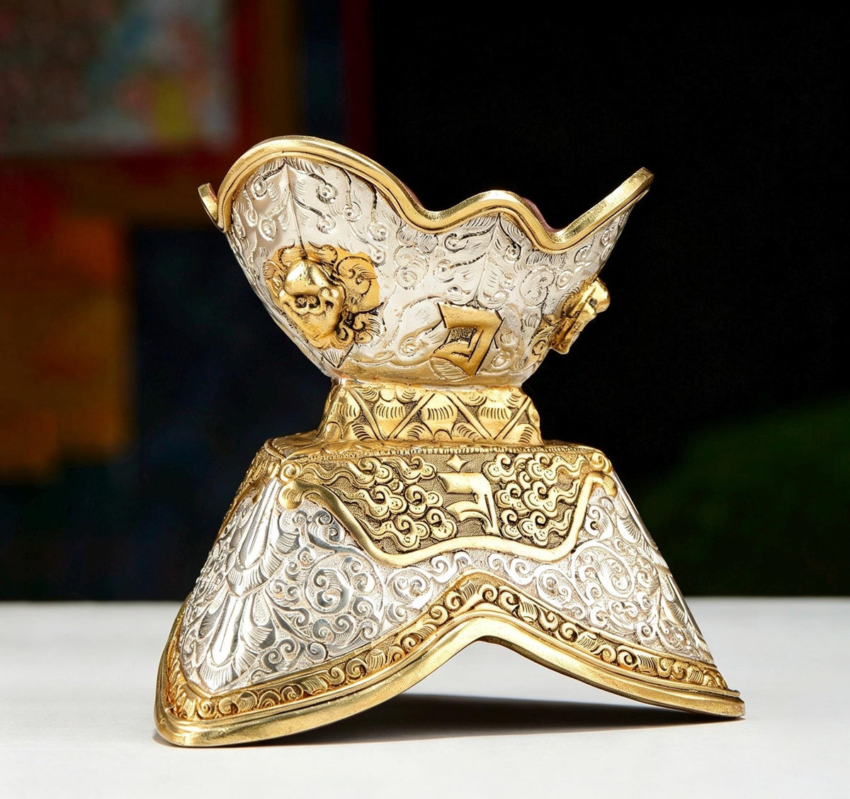 Handcrafted Nepalese Brass Topa Offering Bowl, Gilt Gold Silver Finish Tibetan Shrine Decor, Altar Vessel Home Ornament