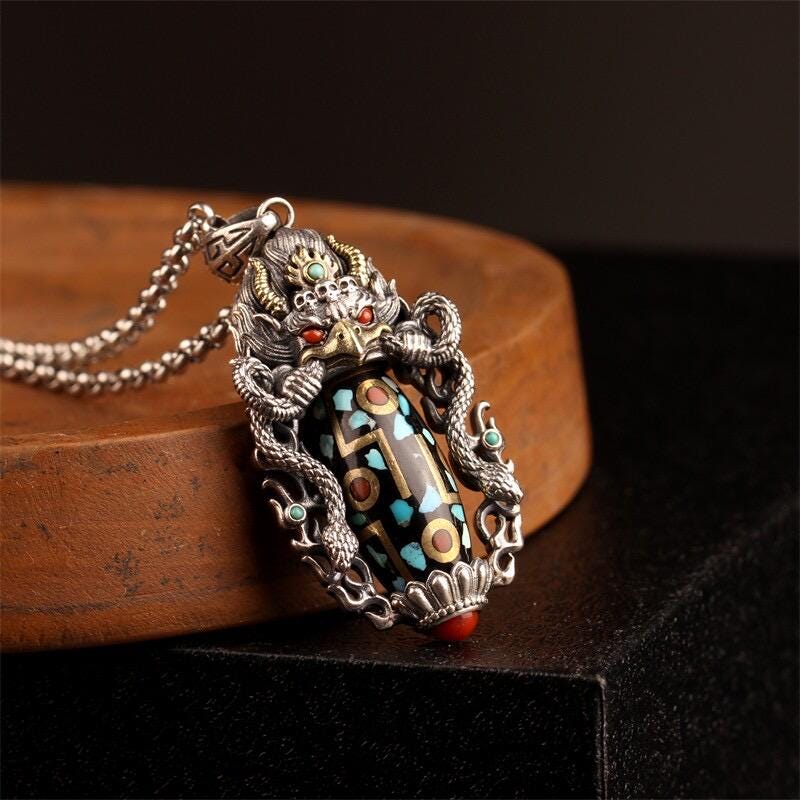 Handcrafted 925 Sterling Silver Garuda Eagle Pendant, Vintage Brass Inlay Dzi Bead Spinning Necklace Charm, Ethnic Jewelry Gift