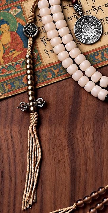 EverestArtStudios White Bodhi Root 108 Bead Mala, 8mm Prayer Beads with Agate, Charms and Counters