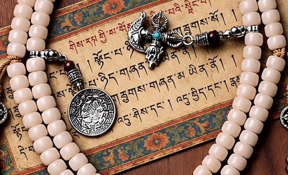 EverestArtStudios White Bodhi Root 108 Bead Mala, 8mm Prayer Beads with Agate, Charms and Counters