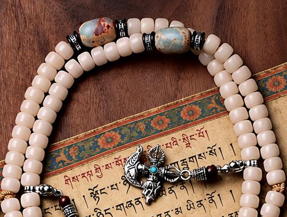 EverestArtStudios White Bodhi Root 108 Bead Mala, 8mm Prayer Beads with Agate, Charms and Counters