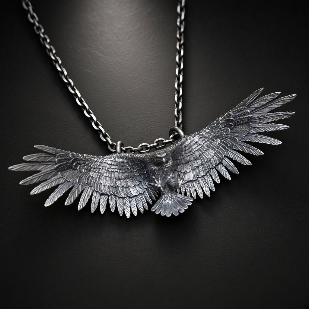 925 Sterling Silver Soaring Eagle Pendant Necklace, Vintage Flying Hawk Charm, Large Wingspan Eagle Jewelry, Biker Gift for Men