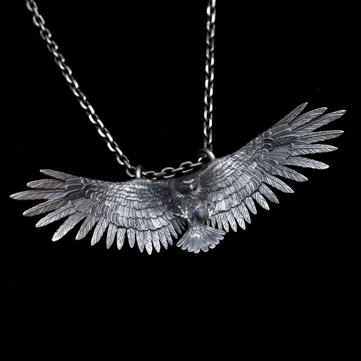 925 Sterling Silver Soaring Eagle Pendant Necklace, Vintage Flying Hawk Charm, Large Wingspan Eagle Jewelry, Biker Gift for Men