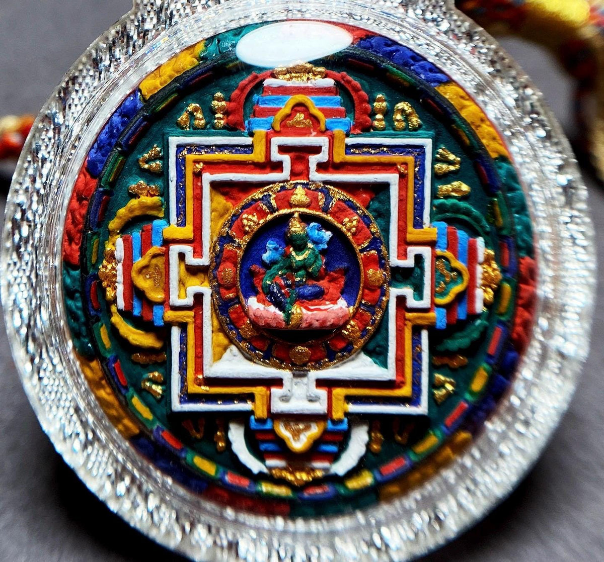 Handpainted Green Tara Mandala Gau Box Pendant, Tibetan Tsa Tsa Amulet Necklace, Sacred Buddhist Shrine Pendant