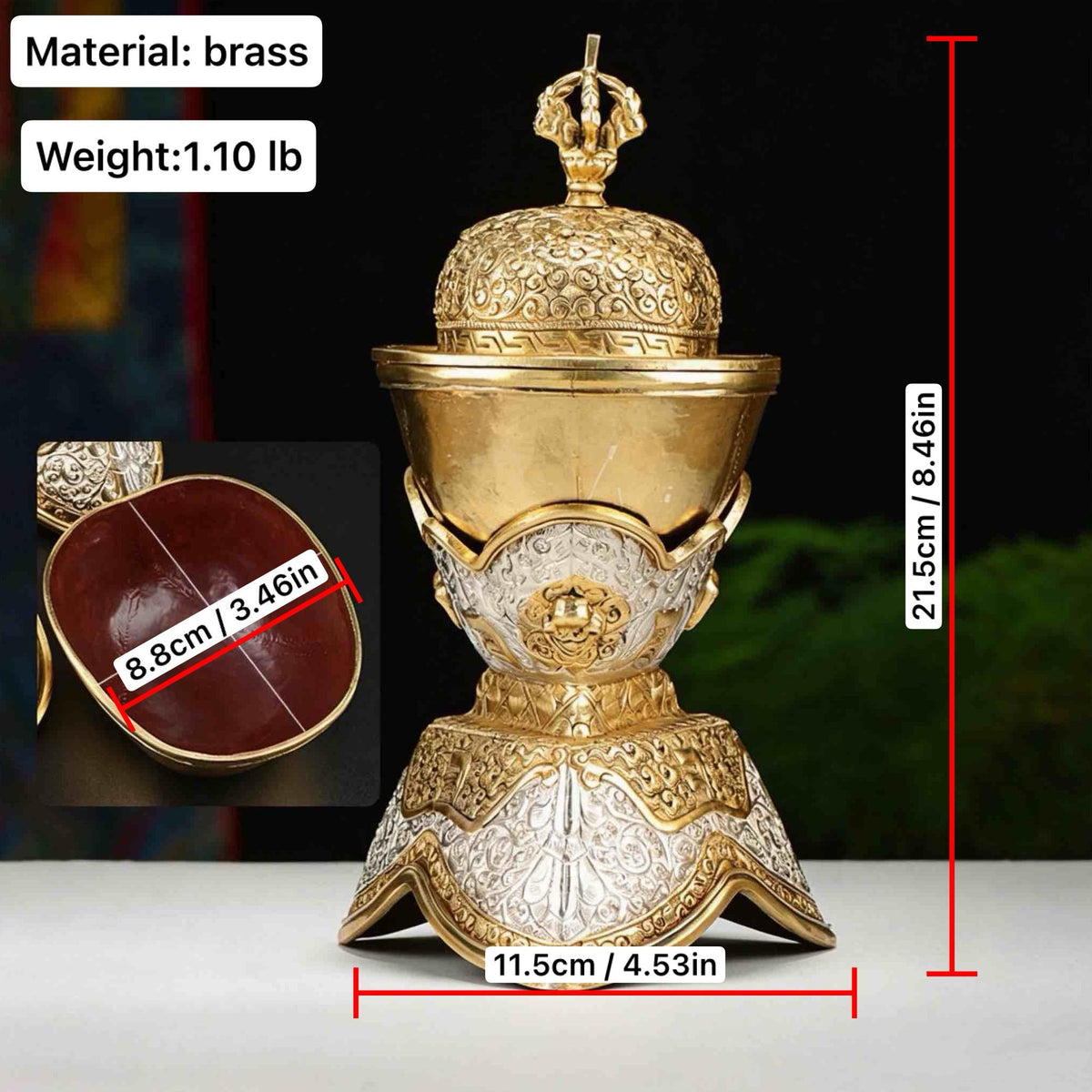 Handcrafted Nepalese Brass Topa Offering Bowl, Gilt Gold Silver Finish Tibetan Shrine Decor, Altar Vessel Home Ornament