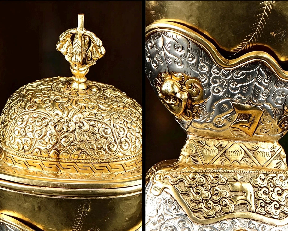 Handcrafted Nepalese Brass Topa Offering Bowl, Gilt Gold Silver Finish Tibetan Shrine Decor, Altar Vessel Home Ornament