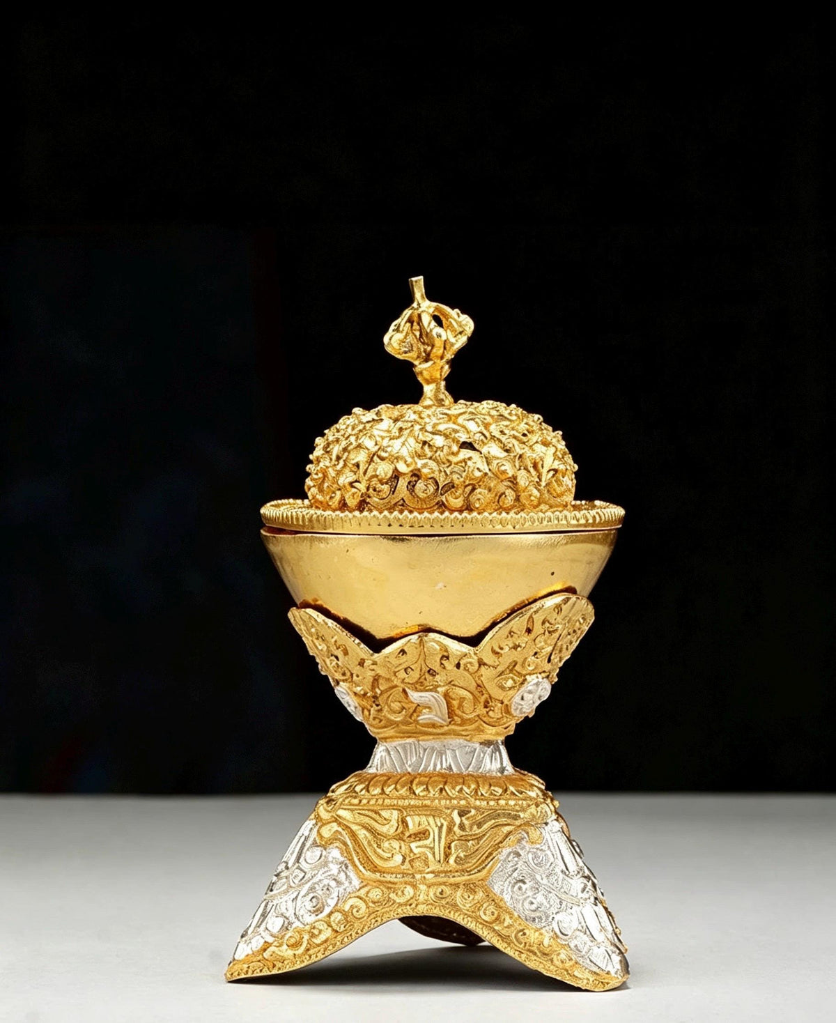 Handcrafted Nepalese Brass Topa Offering Bowl, Gilt Gold Silver Finish Tibetan Shrine Decor, Altar Vessel Home Ornament