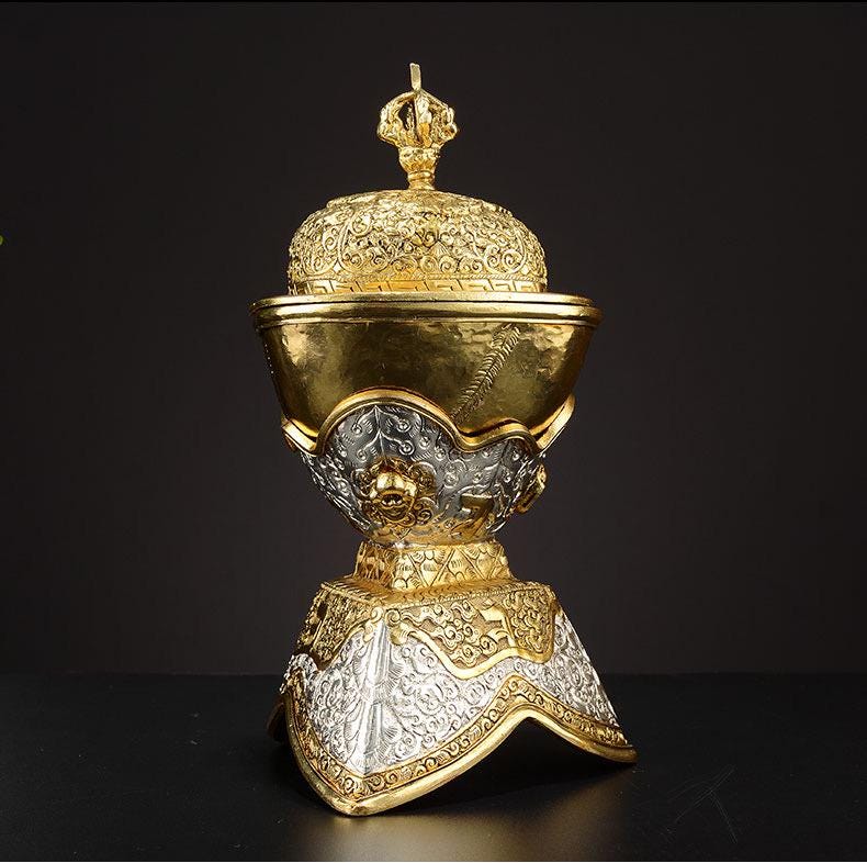 Handcrafted Nepalese Brass Topa Offering Bowl, Gilt Gold Silver Finish Tibetan Shrine Decor, Altar Vessel Home Ornament