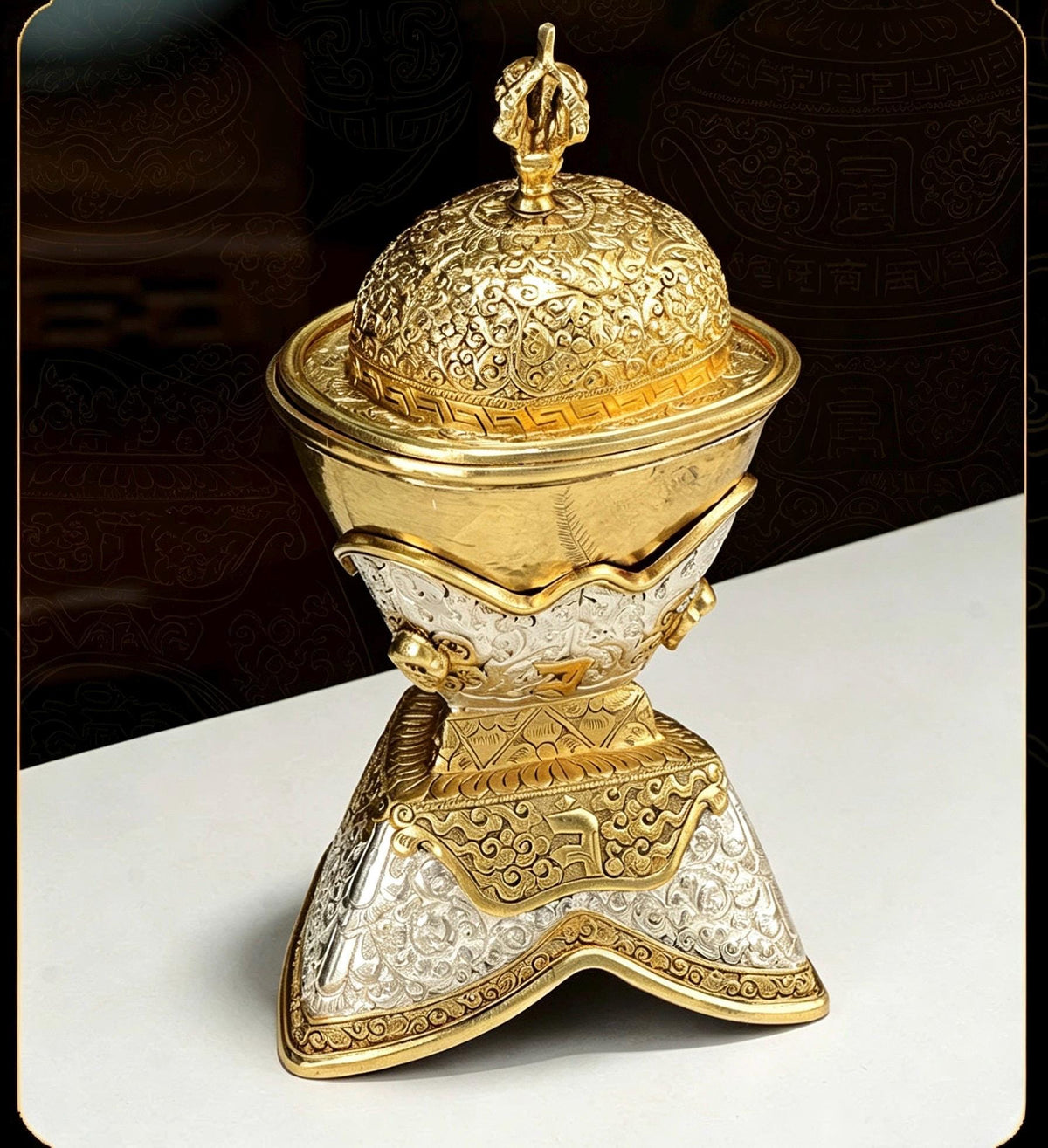 Handcrafted Nepalese Brass Topa Offering Bowl, Gilt Gold Silver Finish Tibetan Shrine Decor, Altar Vessel Home Ornament