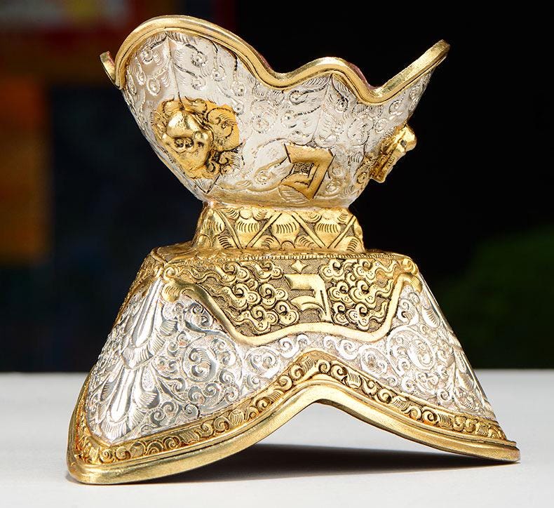 Handcrafted Nepalese Brass Topa Offering Bowl, Gilt Gold Silver Finish Tibetan Shrine Decor, Altar Vessel Home Ornament