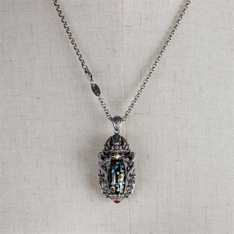 Handcrafted 925 Sterling Silver Garuda Eagle Pendant, Vintage Brass Inlay Dzi Bead Spinning Necklace Charm, Ethnic Jewelry Gift