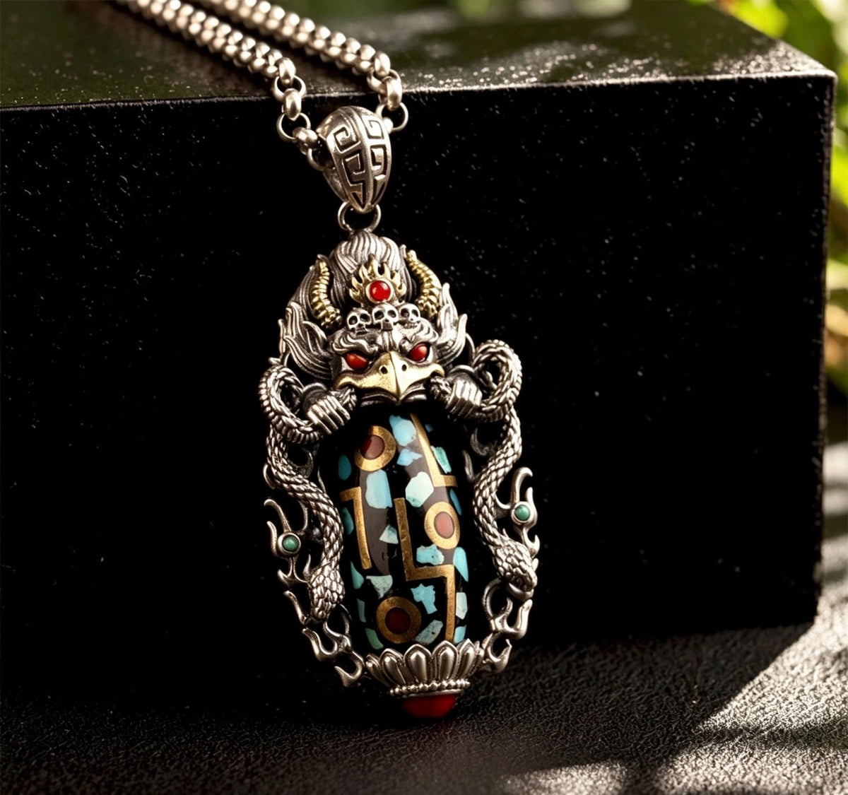 Handcrafted 925 Sterling Silver Garuda Eagle Pendant, Vintage Brass Inlay Dzi Bead Spinning Necklace Charm, Ethnic Jewelry Gift