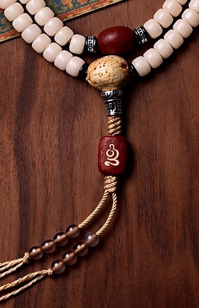 EverestArtStudios White Bodhi Root 108 Bead Mala, 8mm Prayer Beads with Agate, Charms and Counters
