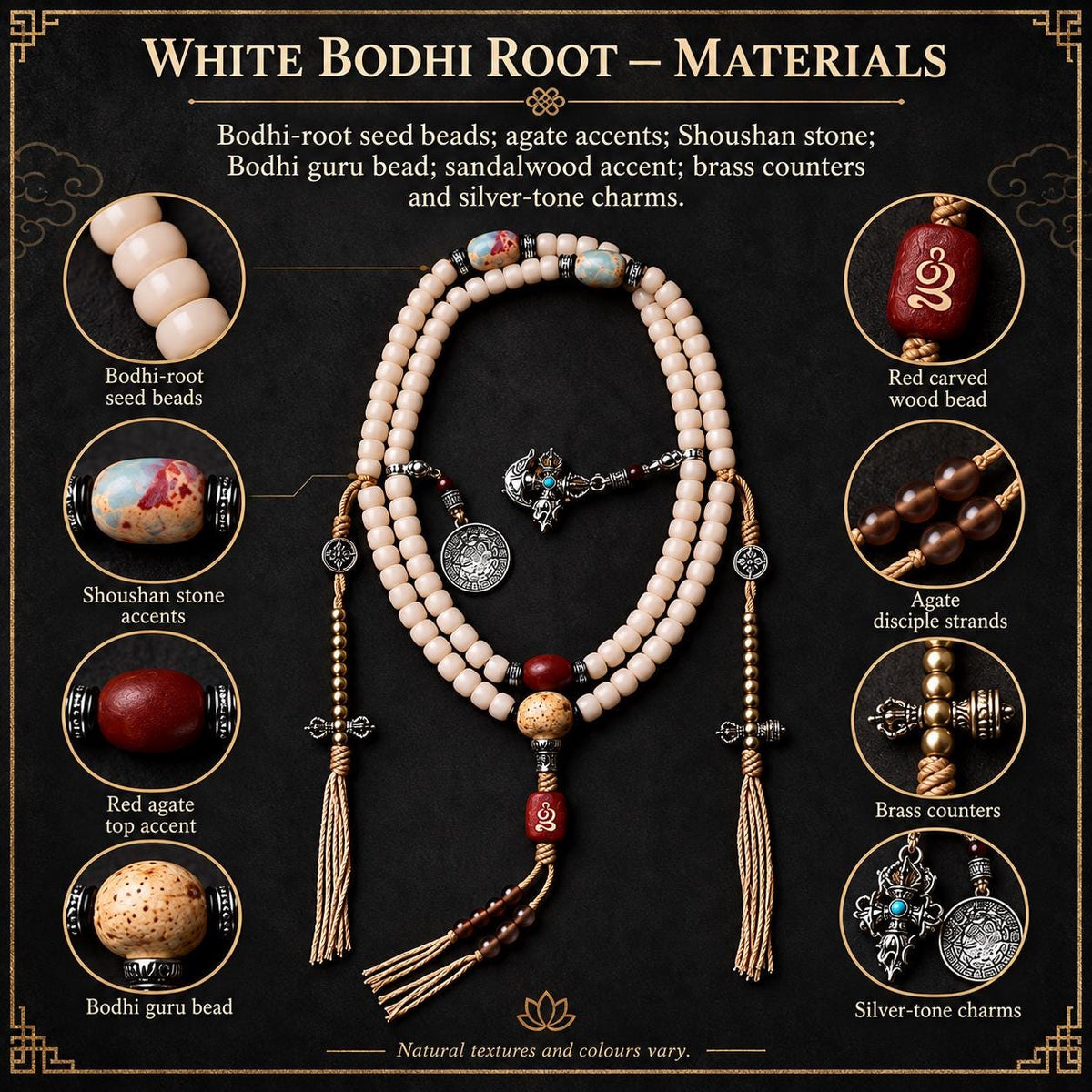 EverestArtStudios White Bodhi Root 108 Bead Mala, 8mm Prayer Beads with Agate, Charms and Counters