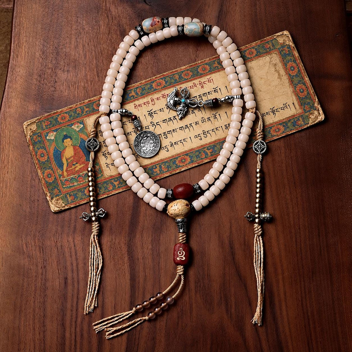 EverestArtStudios White Bodhi Root 108 Bead Mala, 8mm Prayer Beads with Agate, Charms and Counters