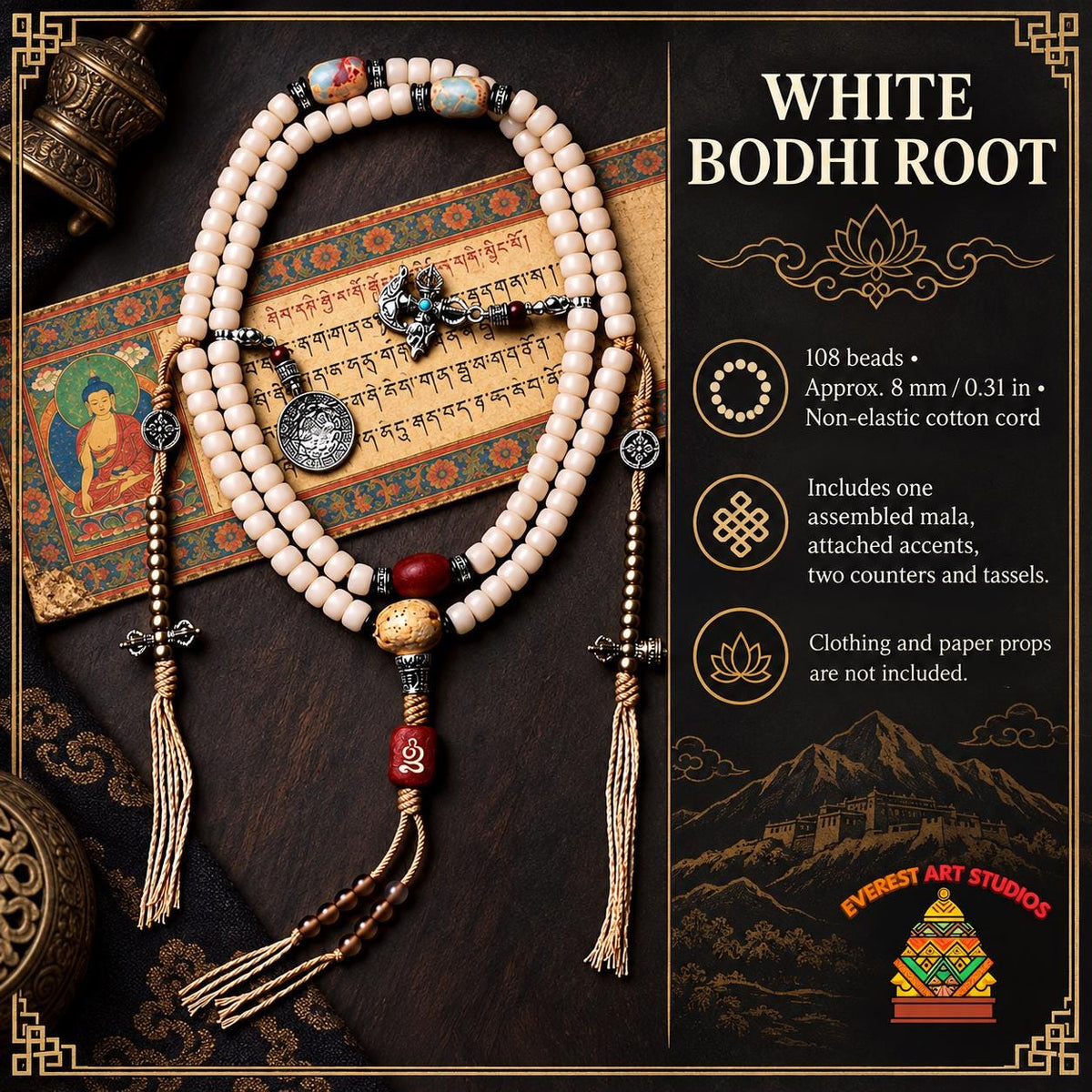 EverestArtStudios White Bodhi Root 108 Bead Mala, 8mm Prayer Beads with Agate, Charms and Counters
