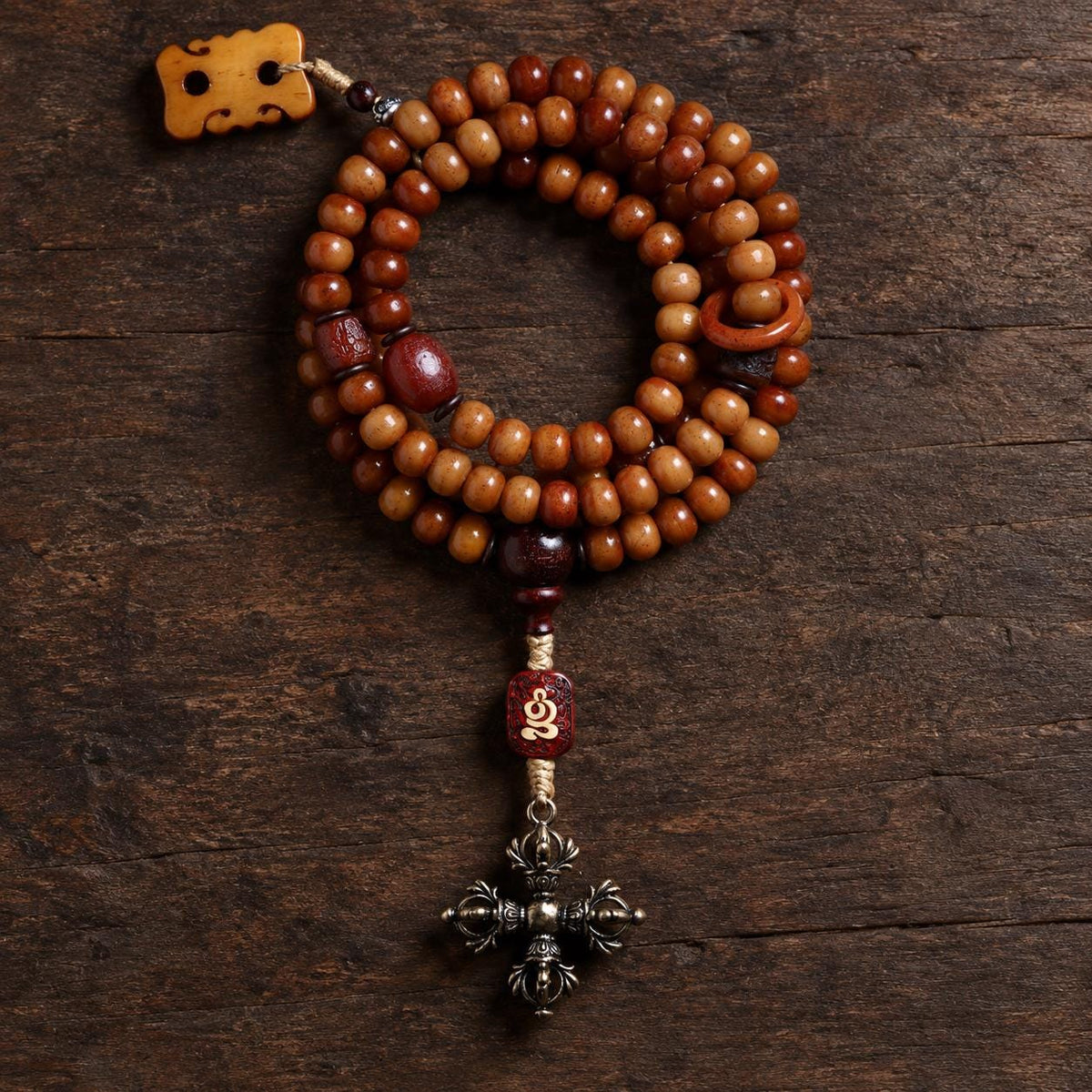 EverestArtStudios Yak Bone 108 Bead Mala, 10mm Prayer Beads, Bagua or Double Vajra Pendant, Optional Counters