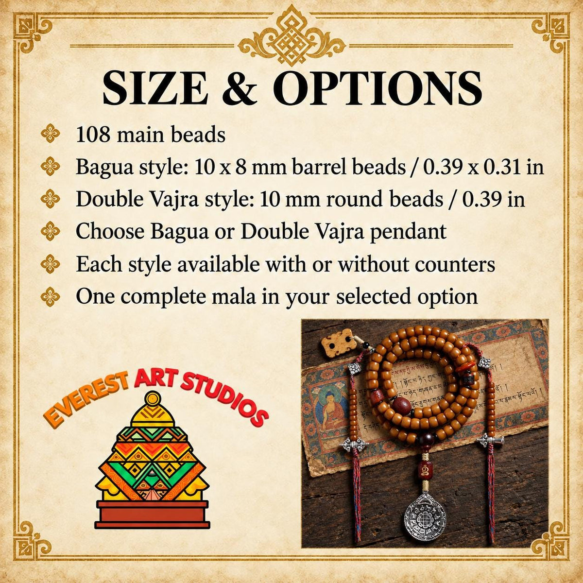 EverestArtStudios Yak Bone 108 Bead Mala, 10mm Prayer Beads, Bagua or Double Vajra Pendant, Optional Counters