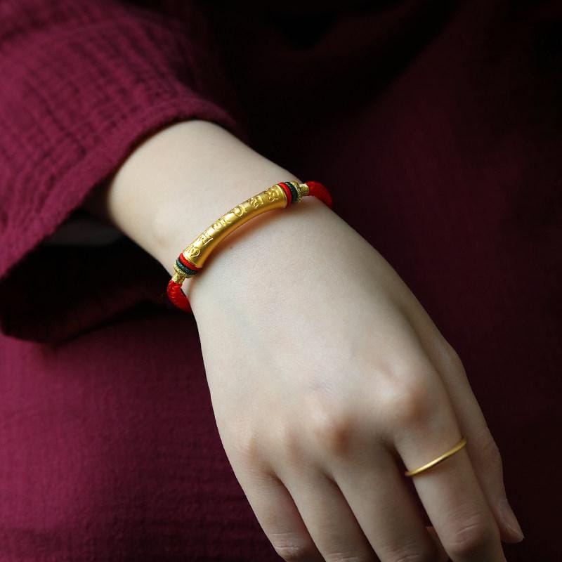 EverestArtStudios 1 gram 999 Fine Gold Six Syllable Mantra Cord Bracelet, Large 38 mm Tube, Red Black or Multicolour Buddhist Wrist Bracelet