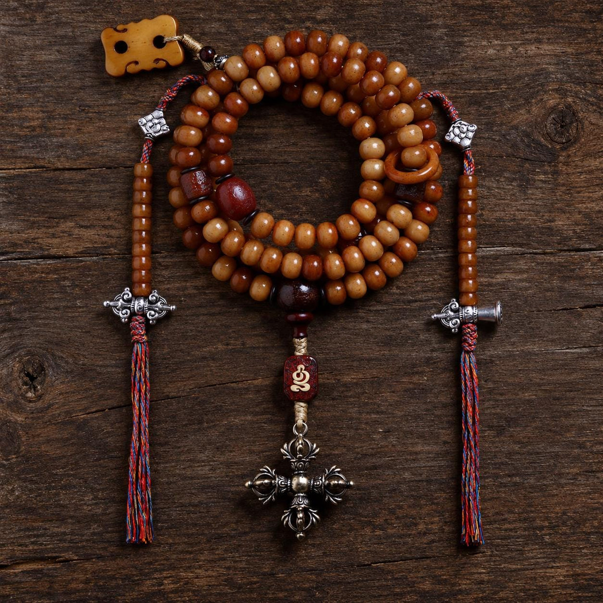 EverestArtStudios Yak Bone 108 Bead Mala, 10mm Prayer Beads, Bagua or Double Vajra Pendant, Optional Counters