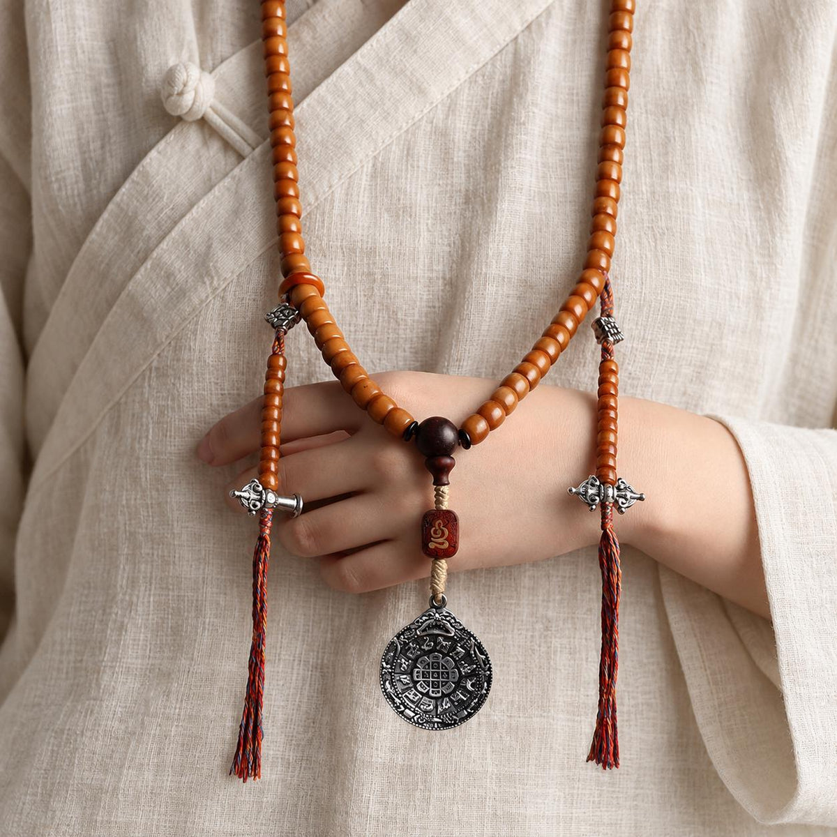 EverestArtStudios Yak Bone 108 Bead Mala, 10mm Prayer Beads, Bagua or Double Vajra Pendant, Optional Counters