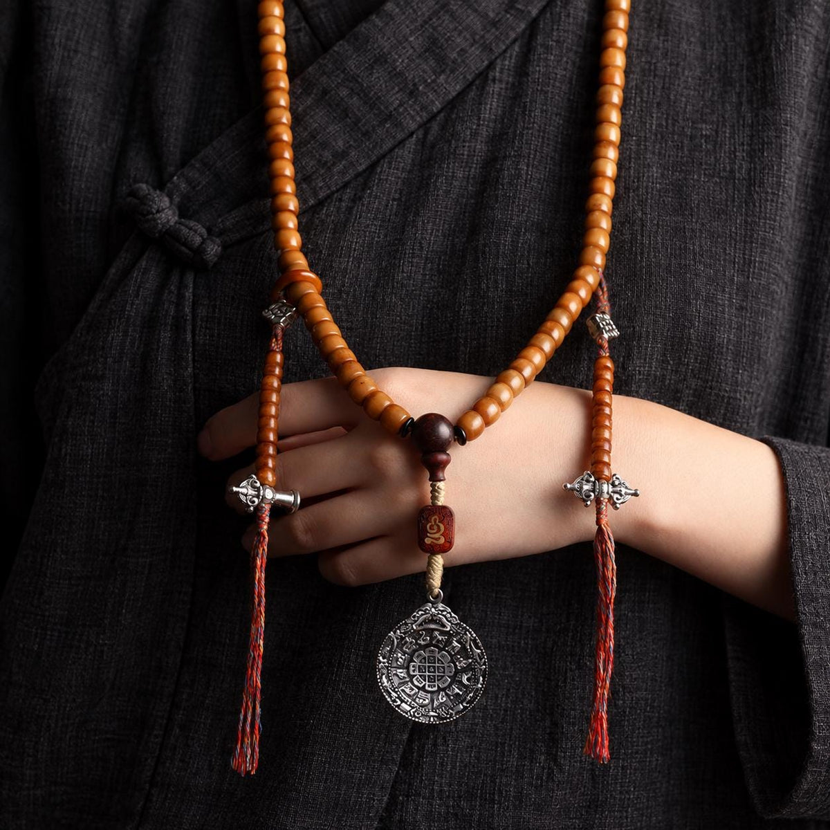 EverestArtStudios Yak Bone 108 Bead Mala, 10mm Prayer Beads, Bagua or Double Vajra Pendant, Optional Counters
